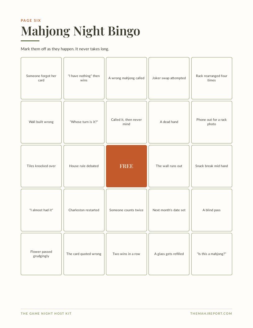 Mahjong Night Bingo, a five by five grid of things that happen at every table